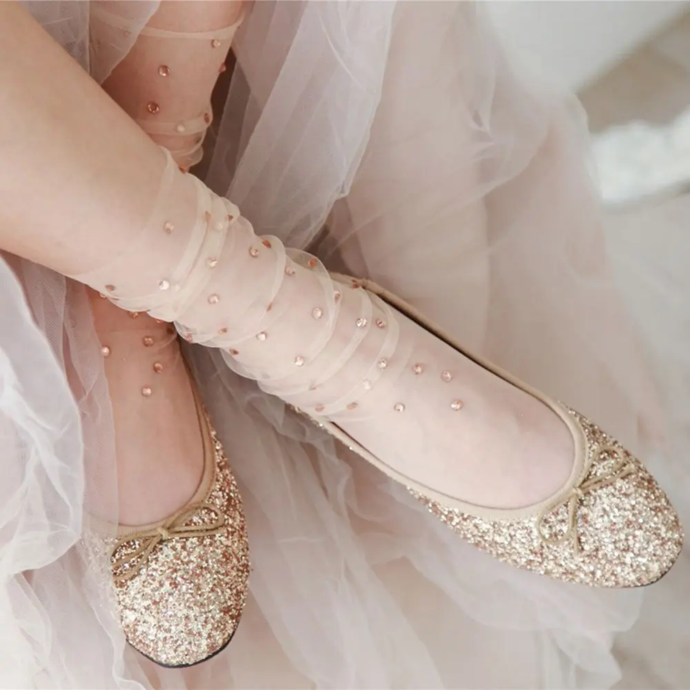 

Chic Glitter Stars Socks Women's Transparent Mesh Gold Sliver Shiny Stars Fishnet Socks Ladies Harajuku Hosiery Socks Summer