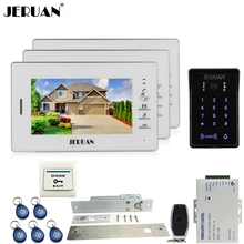 JERUAN 7“ LCD video doorphone intercom system kit 3 monitors RFID waterproof touch key password keypad Camera + remote control