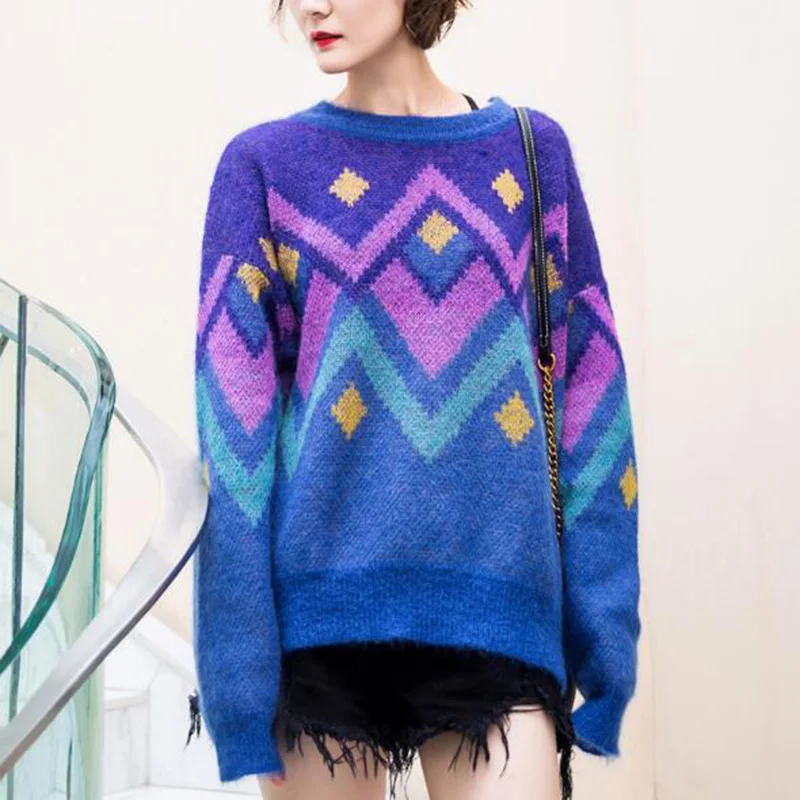

2019 New Autum Spring Women Clothing Knitting Sweaters Free Size Round Neck Casual Loose Pullovers Argyles Knitted Sweaters J037