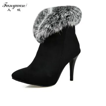 

New Arrival 2017 Winter European Style Ladies' Spike Heels Solid Zip Pointed Toe Rabbit Hair Ankle Boots