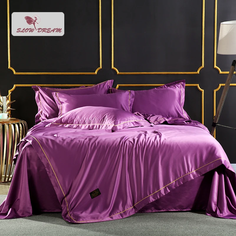 Slowdream Luxury Purple Silk Bedding Set Silky Duvet Cover Set