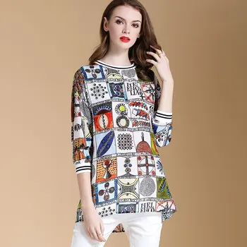 

100% Silk Blouse Women Plus Sizes Lightweight Fabric Printed O Neck Half Sleeve Losse Tops Elegant Style New Fashion 2019