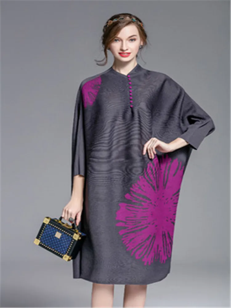 Весеннее женское платье Miyak со складками, модное дизайнерское свободное платье большого размера с длинным рукавом и принтом, женское платье до колен, халаты