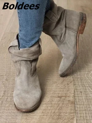 

Women Ankle Boots Suede Autumn Shoes Flat Nubuck Leather Retro Distressed Biker Boots Women Motorcycle Boots Shoes Cool Boots