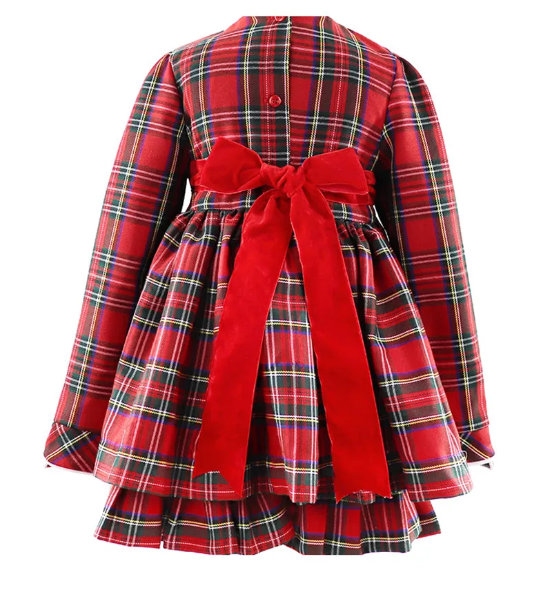 Испанское винтажное платье в шотландскую клетку с шапкой для маленьких девочек; комплект детской одежды в красную клетку; эксклюзивные платья для дня рождения; сезон осень-зима