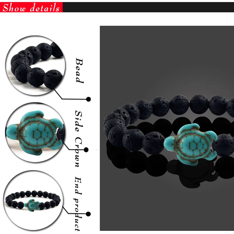 Summer Beach Sea Turtle Beads Bracelet for Men Charm Black Lava Natural Stone Bracelet Hamdmade Strand Elastic Bangles Jewelry