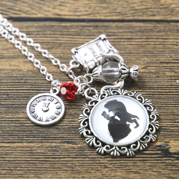 

12pcs/lot Beauty and the Beast Necklace Tale As Old As Time glass dome flower charm necklace silver