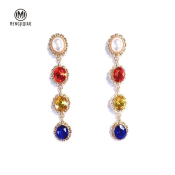 

MENGJIQIAO 2018 New Vintage Colorful Oval Cubic Zircon Dangle Earrings For Women Fashion Temperament Simulated Pearl Oorbellen