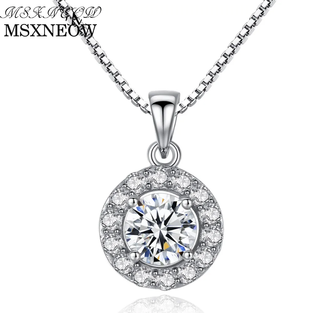 

MSXNEOW Lady Genuine 925 Sterling Silver Chain Necklace AAA+ CZ Cubic Zirconia Round Pendant Necklace Fine Jewelry SN0037