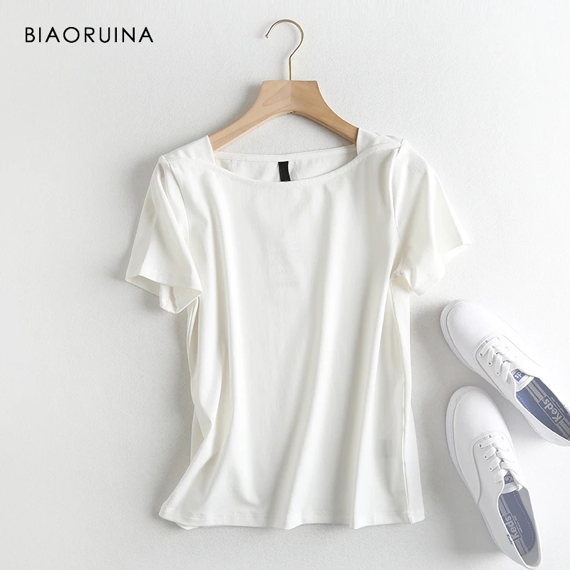 BIAORUINA, 3 цвета, Женская Повседневная однотонная хлопковая футболка, квадратный рукав, короткий рукав, женские летние универсальные футболки, повседневные топы для девочек