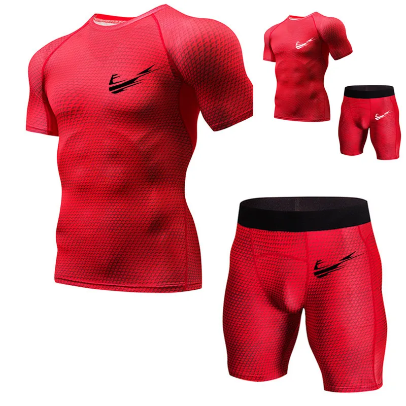 

Men's Short Sleeve T-Shirt Pants Set 2 Men's Sportswear Jogger Fitness Foundation Layer Shirt Leggings Rashguard Brand Apparel