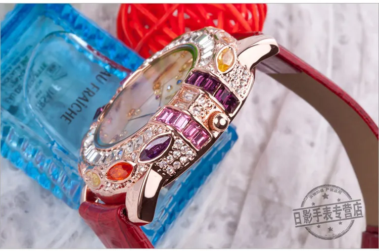 Красочные дамы наручные часы кварцевых часов Лучший Браслет Мода Марка кожа часы Роскошные Стразы блеск кубический цирконий 1546