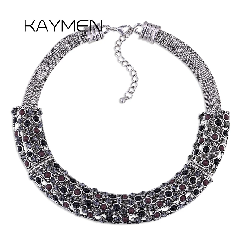 

KAYMEN Semi-circle Shape Antique Plated Vintage Choker Necklace Inlaid Rhinestones Imitation Pearl for Women Statement Pendant
