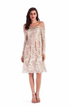 

New Model Boat Neck Long Sleeve Knee Length Off Shoulder Elegant Lace Dresses