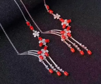 

Natural red coral gem Necklace natural gemstone Pendant Necklace S925 silver Luxury fashion tassel flowers women wedding Jewelry