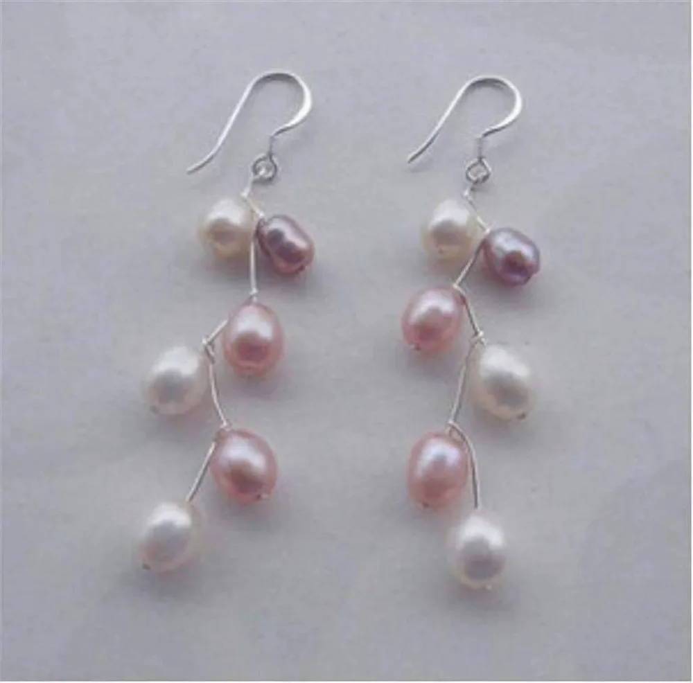 

FREE SHIPPING>>> Free shipping Beautiful akoya saltwater cultured pearls pink white earrings Silver Hook AA new