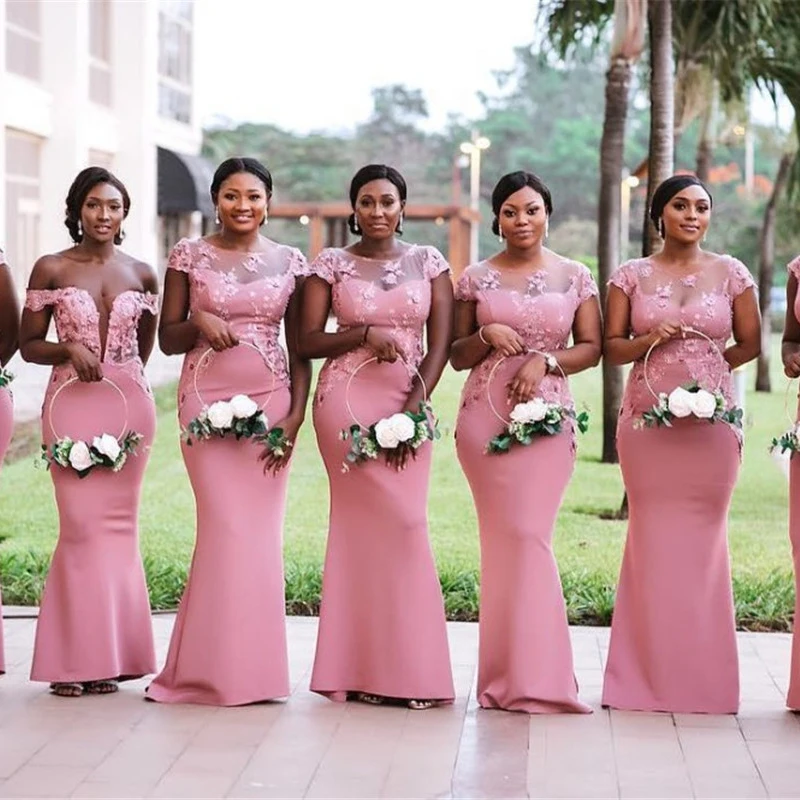 Простые Розовые Длинные свадебные платья Русалочка с аппликацией бисером и рукавами-крылышками платье подружки невесты на заказ плюс размер