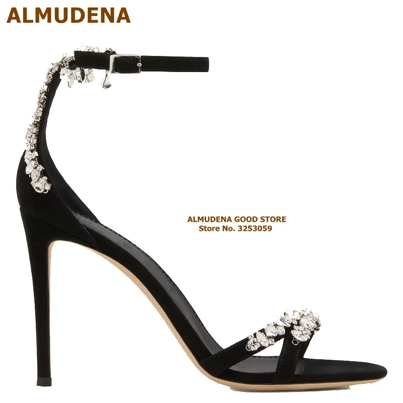 Босоножки на высоком каблуке ALMUDENA Bling Crystal черные замшевые Серебристые блестящие