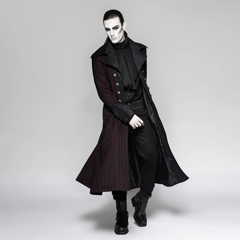 Стимпанк мужская длинная куртка в черную полоску с красными полосками пальто зимнее пальто Сценический костюм для костюмированной вечеринки