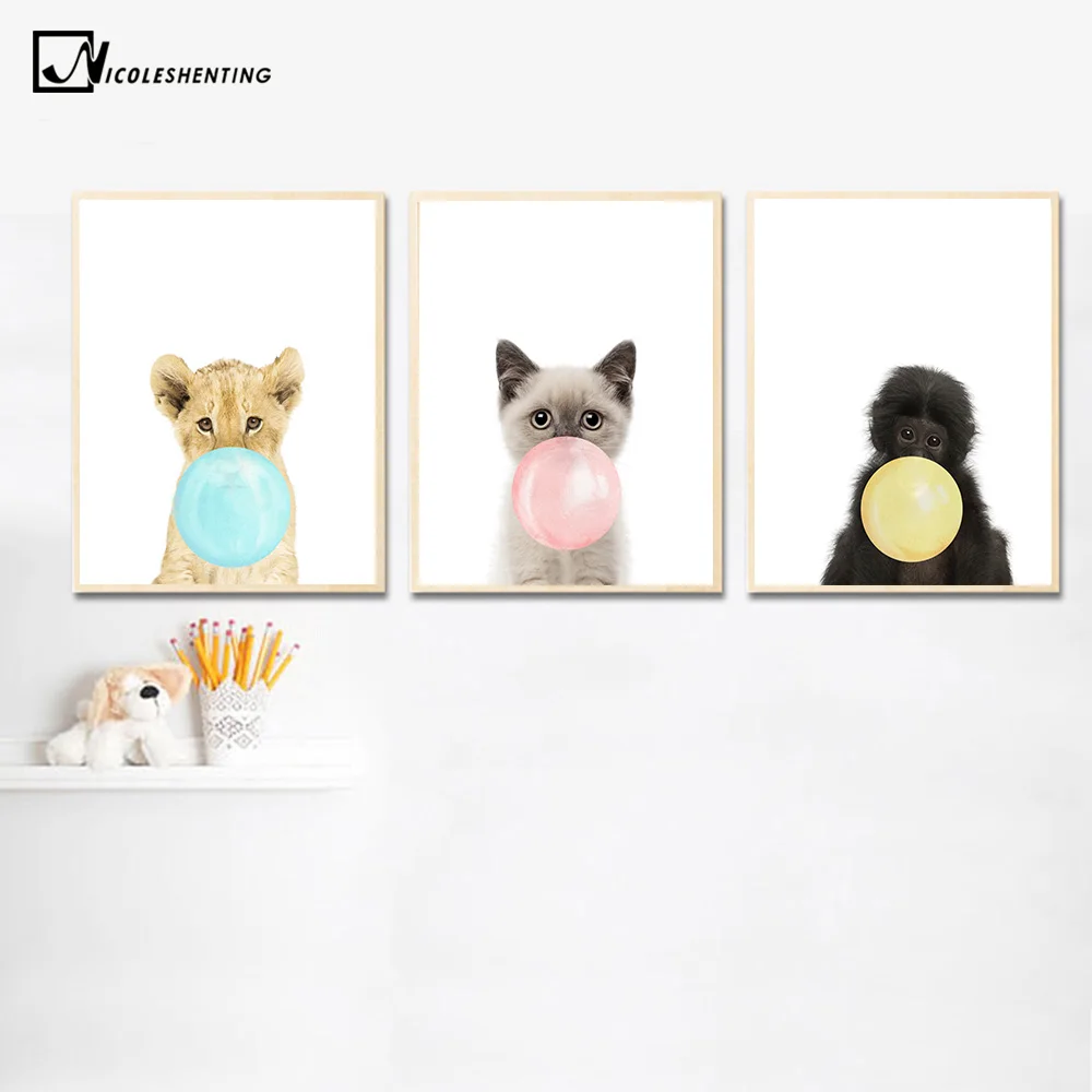 

Kawaii Animal Cat Lion Bubbles Poster Prints Wall Art Canvas Painting Nursery Wall Picture Kids Room Decor Nordic Decoration