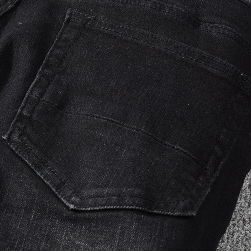 Fashion Streetwear Men Jeans Black Color Slim Fit Destroyed Ripped Jeans Men Leather Patch Designer Frayed 4