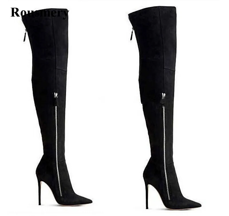 

Winter Hot Sale Women Sexy Pointed Toe Zipper Design Over Knee High Heel Boots Slim Thigh Long Boots Real Pictures Boots