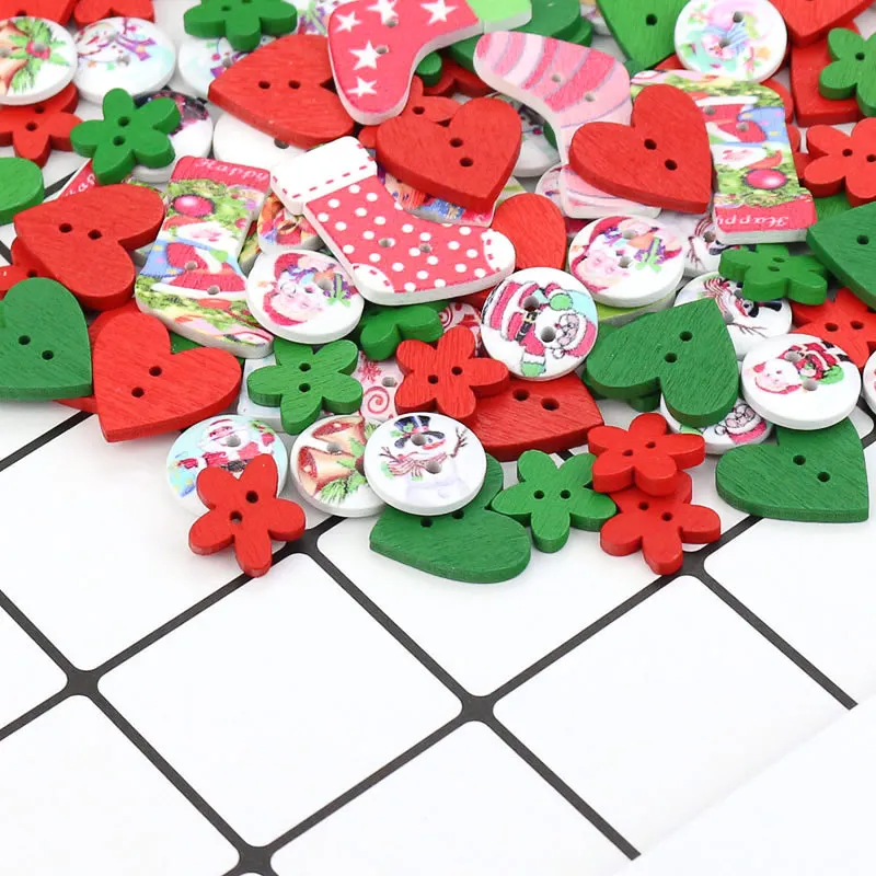 

Christmas Day Theme Wooden Buttons 50pcs/bag Mixed Designs Xmas Elements 2 Holes Wood Buttons For Arts Crafts & Decorations