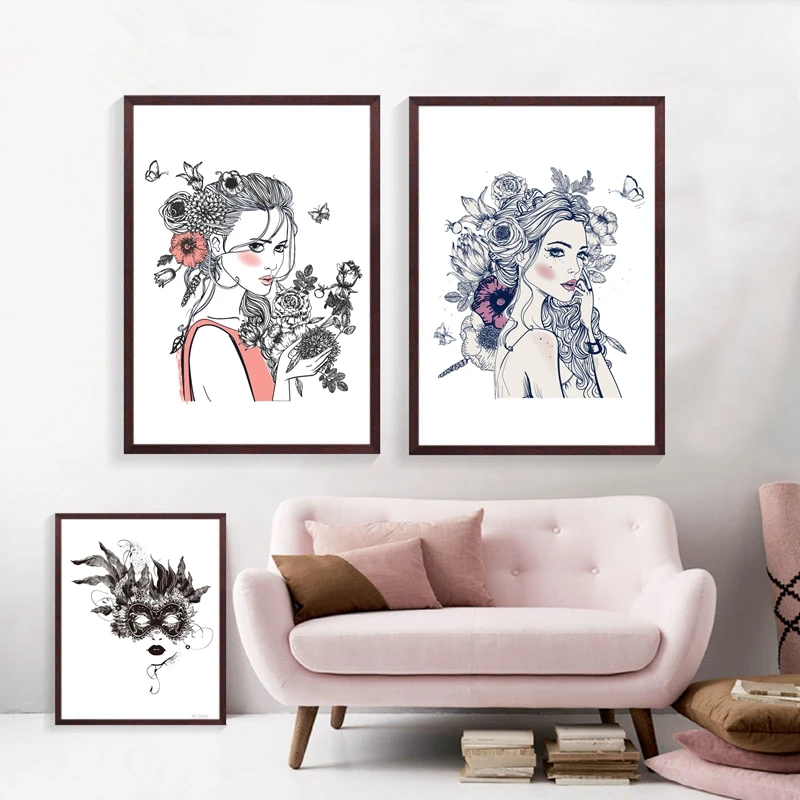 

Portrait Of Young Beautiful Woman With Flowers Art Print Poster Wall Pictures ,Girl Hair Flowers Canvas Painting Home Decoration