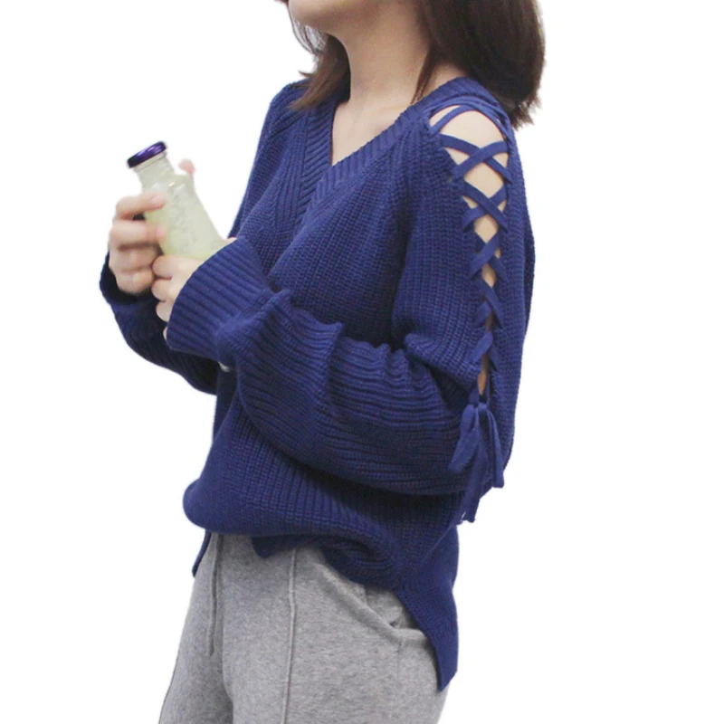 Off The Shoulder Sweater Women Fashion Lace Up V-Neck Hollow Out Long Sleeve Knitted Pullover Loose Tops | Женская одежда