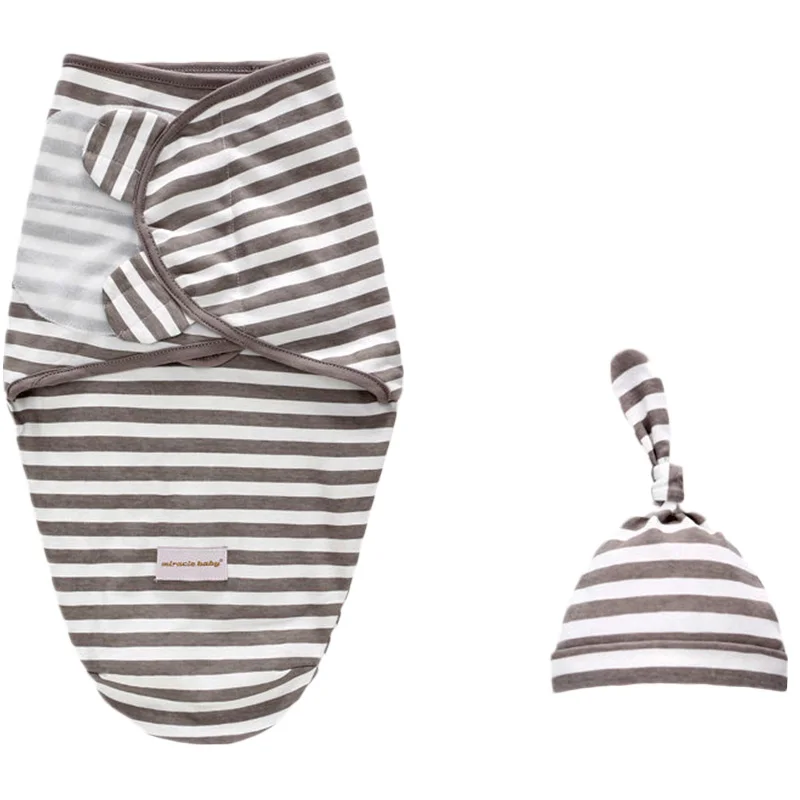 Одеяло для грудничков из Одеяло+ Кепки новорожденных спальный кокон с Обёрточная бумага для младенцев хлопковые пеленки мешок детское одеяло конверт со спальным мешком постельные принадлежности - Цвет: Gray stripe L