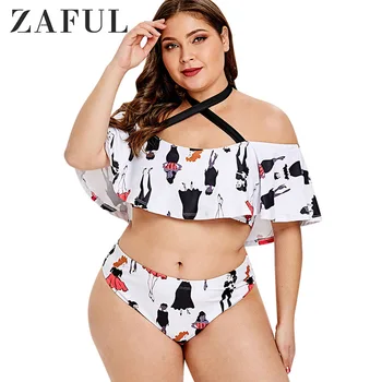 

ZAFUL Plus Size Swimsuit 2019 Sexy Big Size Girl Print Halter High Waist Swimwear Vintage Large Size Bathing Suit For Women 5XL