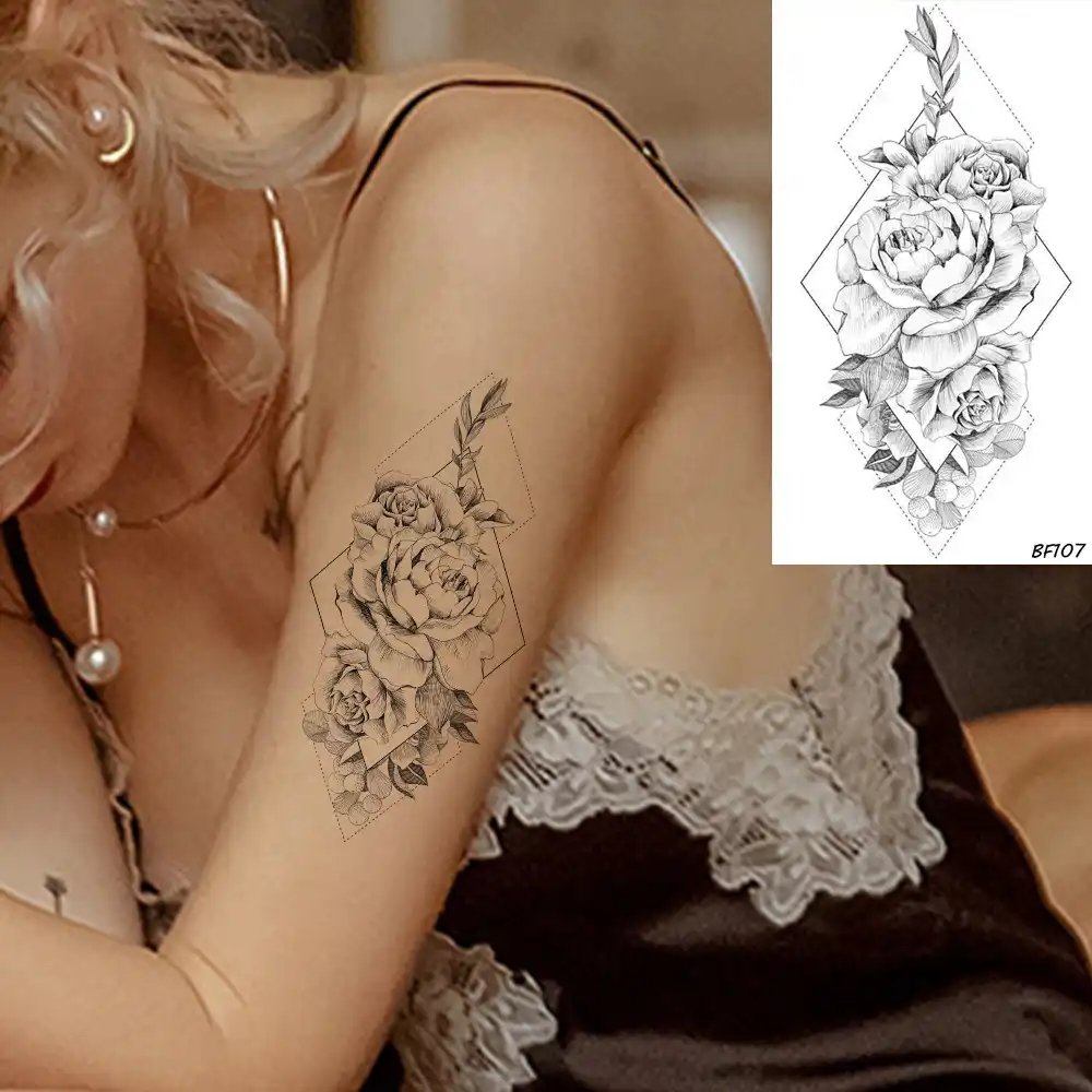 VANKIRS Waterproof Black Sexy Rose Flower Temporary Tattoos For Women Girl Arm Tatoos Sticker Paper Fake Black Flora Tatoo Cover