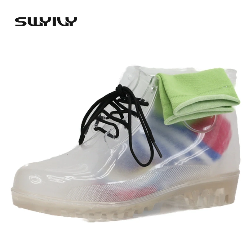 

2017 Transparent Women Ankle Rain Boots With Rainbow Socks, Woman Waterproof Rubber Boots Multi Color Translucent Water Shoes
