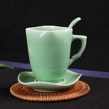 Изысканная интересная Китайский классический зеленый Глазурованный фарфор небольшой Кофе чашка с ложкой и плиты