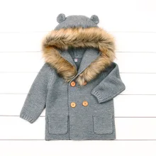 Теплые модные свитера для малышей; осенние кардиганы с капюшоном для новорожденных; вязаные куртки с рисунком медведя; детская одежда с длинными рукавами