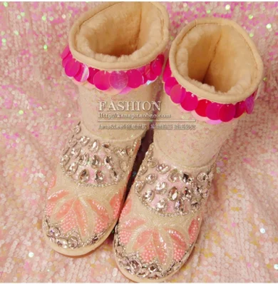 

Handmade sew rhinestone gem pearl paillette women's shoes genuine leather fashion thickening thermal pink elegant ladies women's