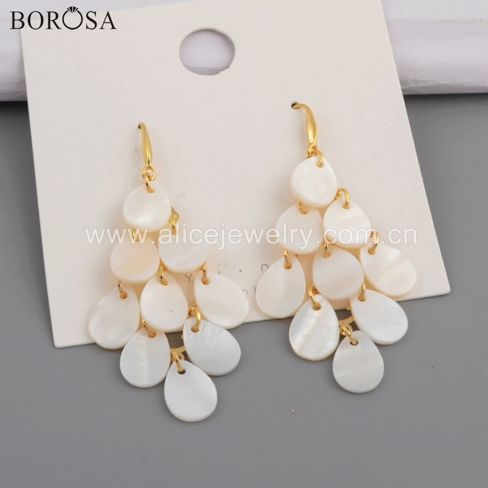 

BOROSA 5Pairs Teardrop & Round Shape Natural White Shell Drop Earring Shell Slice Lady Jewelry in Gold for Wholesale WX1082