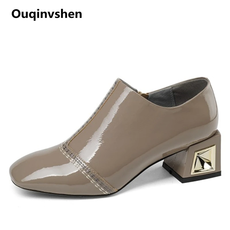 

Ouqinvshen Sewing Crystal Sexy High Heels Thick Heels Spring Genuine Leather Woman Shoes 2018 Spring Square Toe Women Pumps 5CM