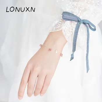 

High quality 925 sterling silver Stars tassel Lovely Natural Stone Strawberry Crystal cute Bracelet Girls women Simple cute Gift