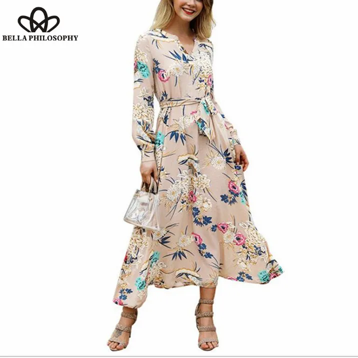 Wonder Spring Long Sleeve Maxi Dress Vintage Sashes Female Print Floral Dress Casual Street Wear Lady Dress Vestidos 2019 new