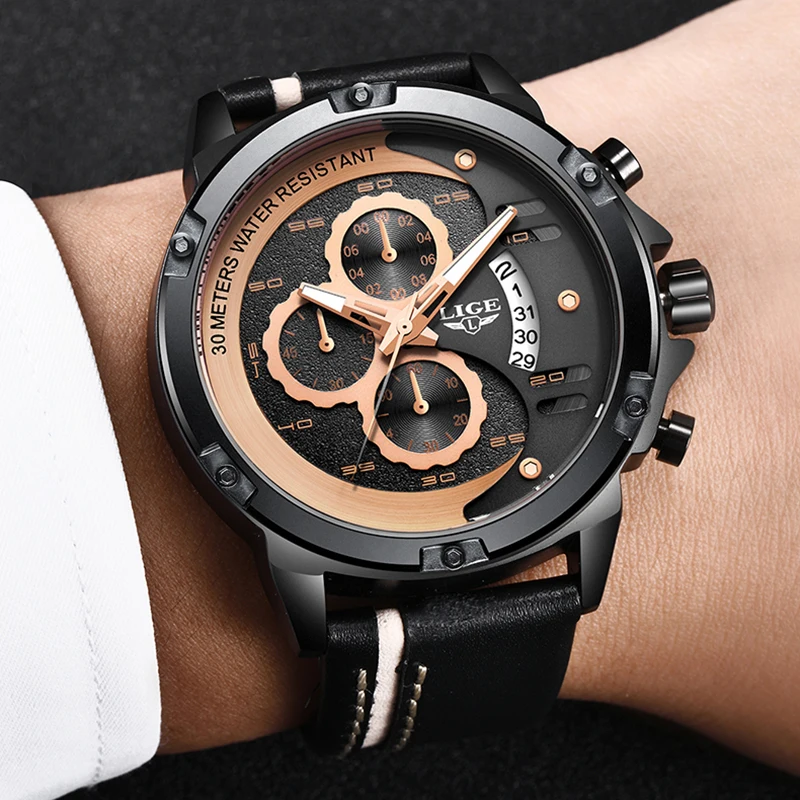 2019 LIGE New Casual Leather Mens Watches Top Brand Luxury Male Milltary Sport Waterproof Analog Quartz Watch Relogio Masculino