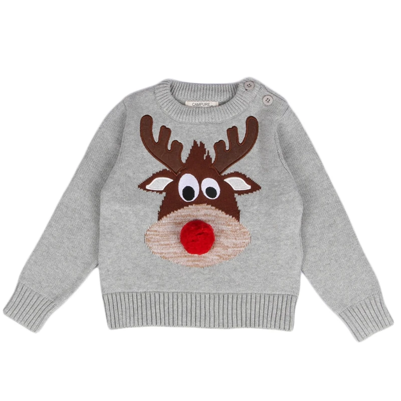 Для маленьких мальчиков и девочек вязаные свитера-пуловеры и вышитым оленем Рождественская одежда серого цвета и цвета хаки Детские свитера для 12M-5Y GW39 - Цвет: Gray