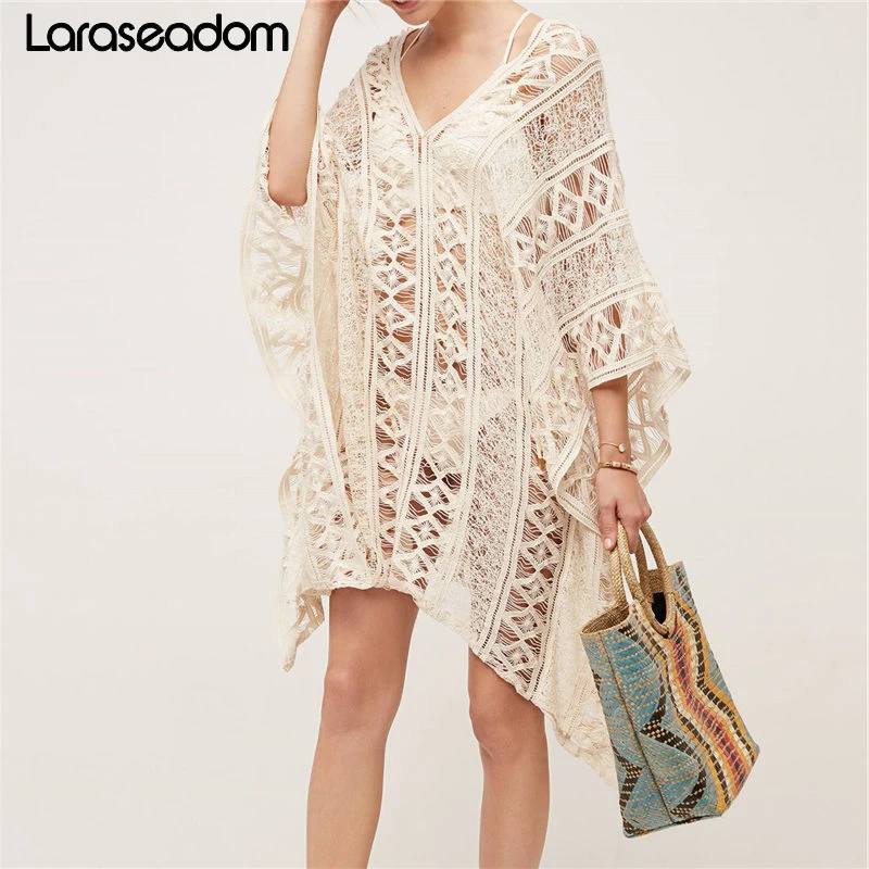 

2019 Kaftan Beach Pareo Beachwear Swim suit Cover up Playa Pareo Tunics for Beach Tunic Swimwear Women Lace Beach Dress #Z279