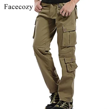 

Facecozy Men 2019 Winter Multi-Pockets Cargo Pants Outdoor Fleece Inside Warm Trousers Hiking Camping Male Thick Overalls Pants