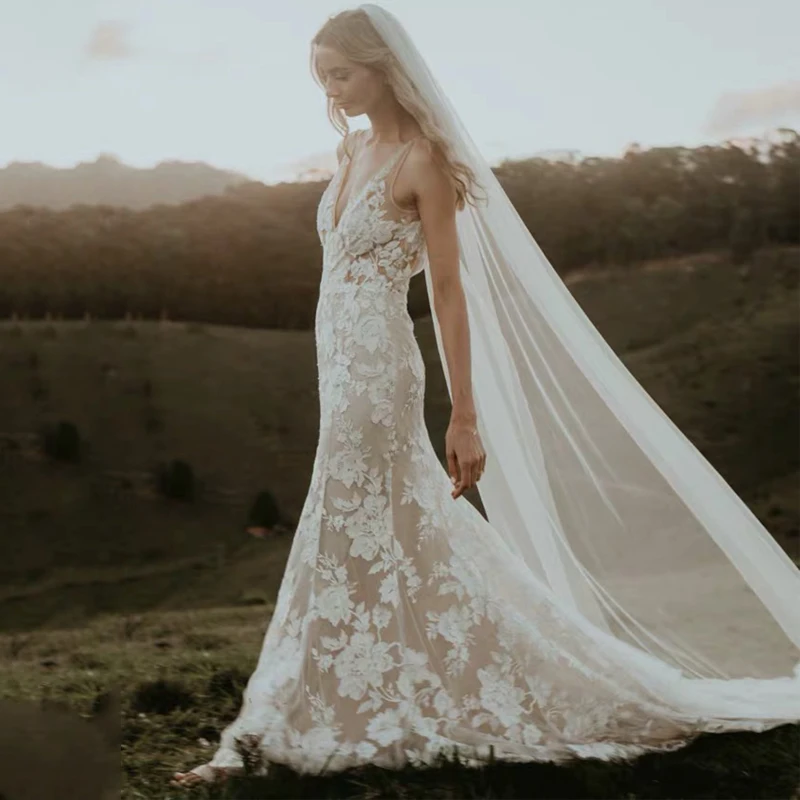 

2019 Sexy Deep V-Neck Chic Lace Bohemian Tulle Casual Mermaid Wedding Dresses Sleeveless Romantic Beach Bridal Gowns AX187