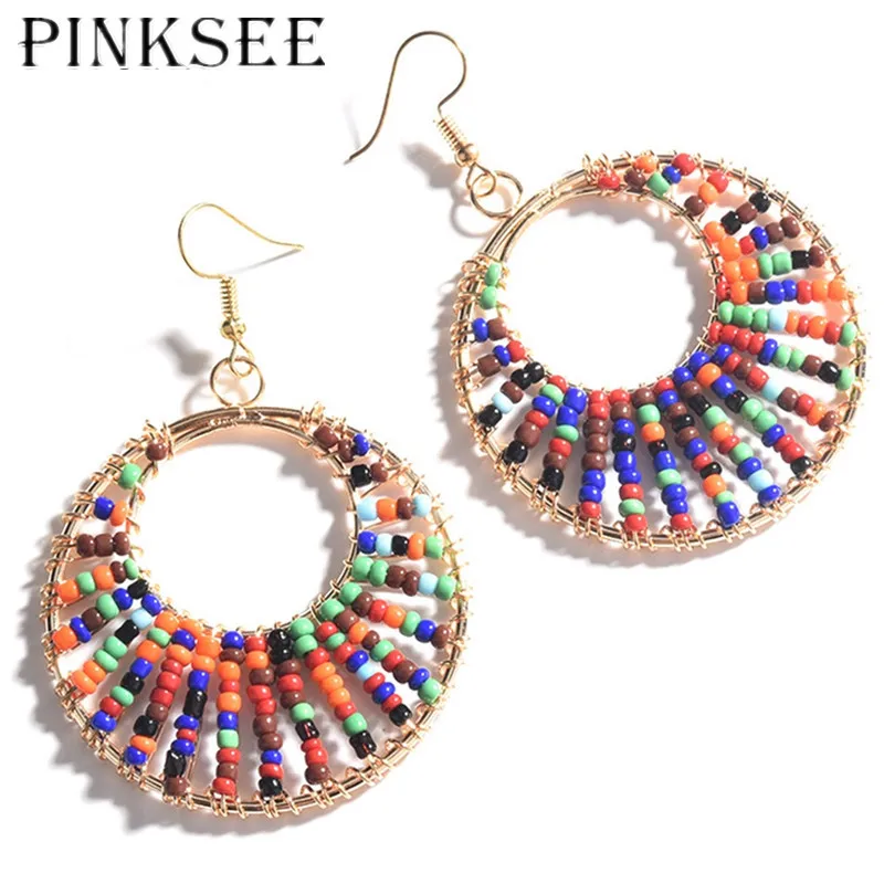 

PINKSEE Ethnic Earrings Exquisite Bohemia Hanging Round Drop Earrings Hollow Out Beads Earrings For Women Exaggeration Jewelry