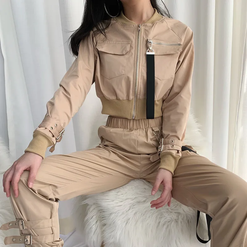 

Two Piece Sweatsuit Streetwear Vintage Jogger Workout Cargo Short Jacket Outfit Top Jogger High Waist Pant Patchwork Belt Tassel