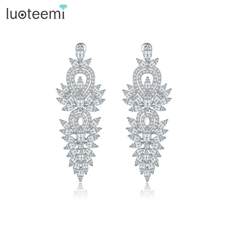 LUOTEEMI Fashion Newest Design Luxury Clear Cubic Zirconia Big Bridal White Gold color Earring For Women