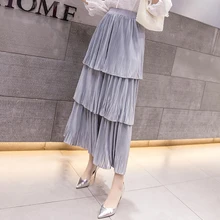 FMFSSOM Новая женская однотонная шифоновая юбка средней длины для торта Женская высокая талия эластичная талия Повседневная плиссированная юбка до щиколотки