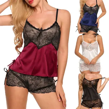 

Fashion Women Plus Size Sexy Lace Lingerie Girl V-neck Bowknot Set Sleepwear Ropa Para El Hogar Nocturne D4